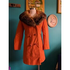 Women's vintage 1970s orange wool coat with fur collar retro